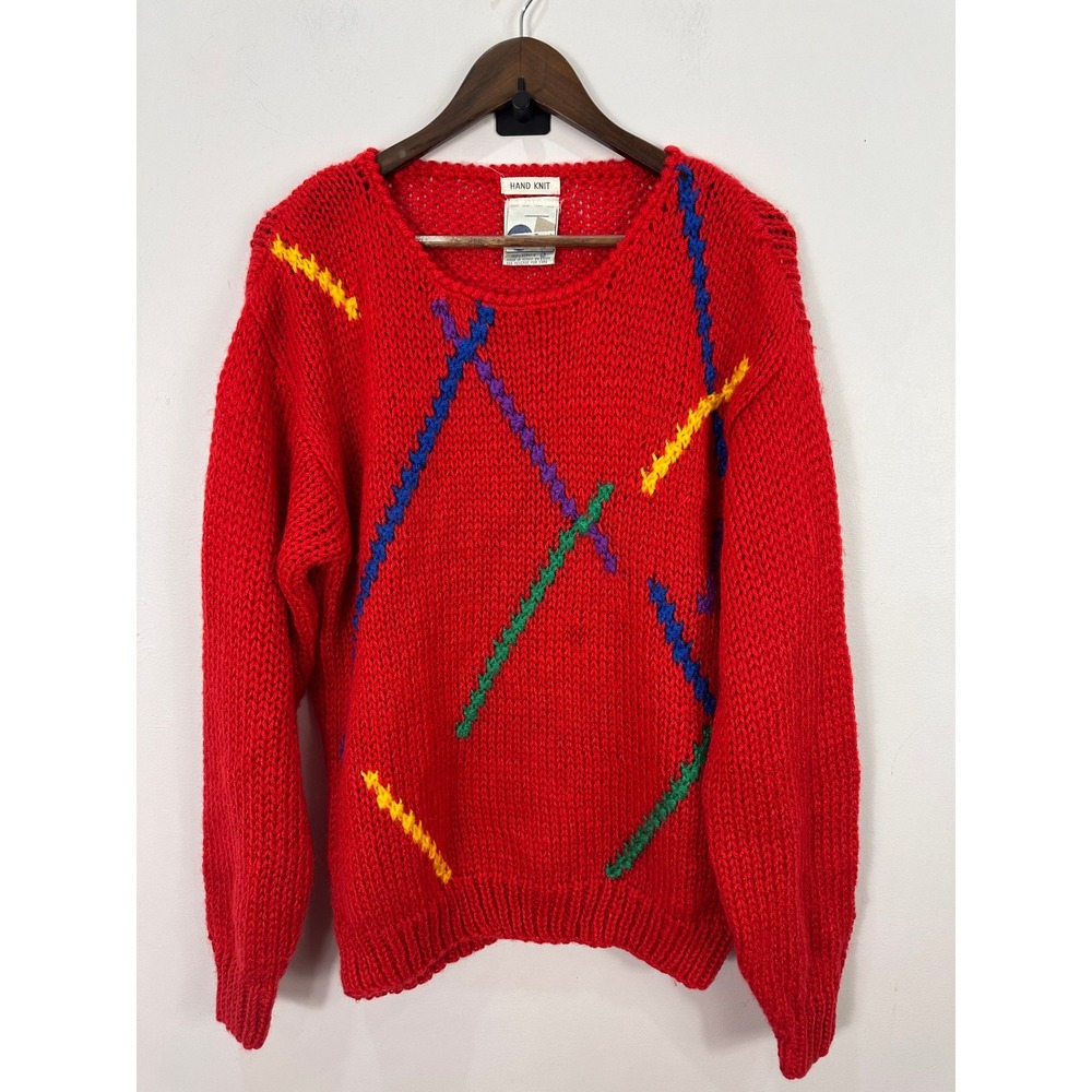 Extra Touch Sweater Womens 42 Red Hand Knit Abstract 80s Retro Chunky Acrylic